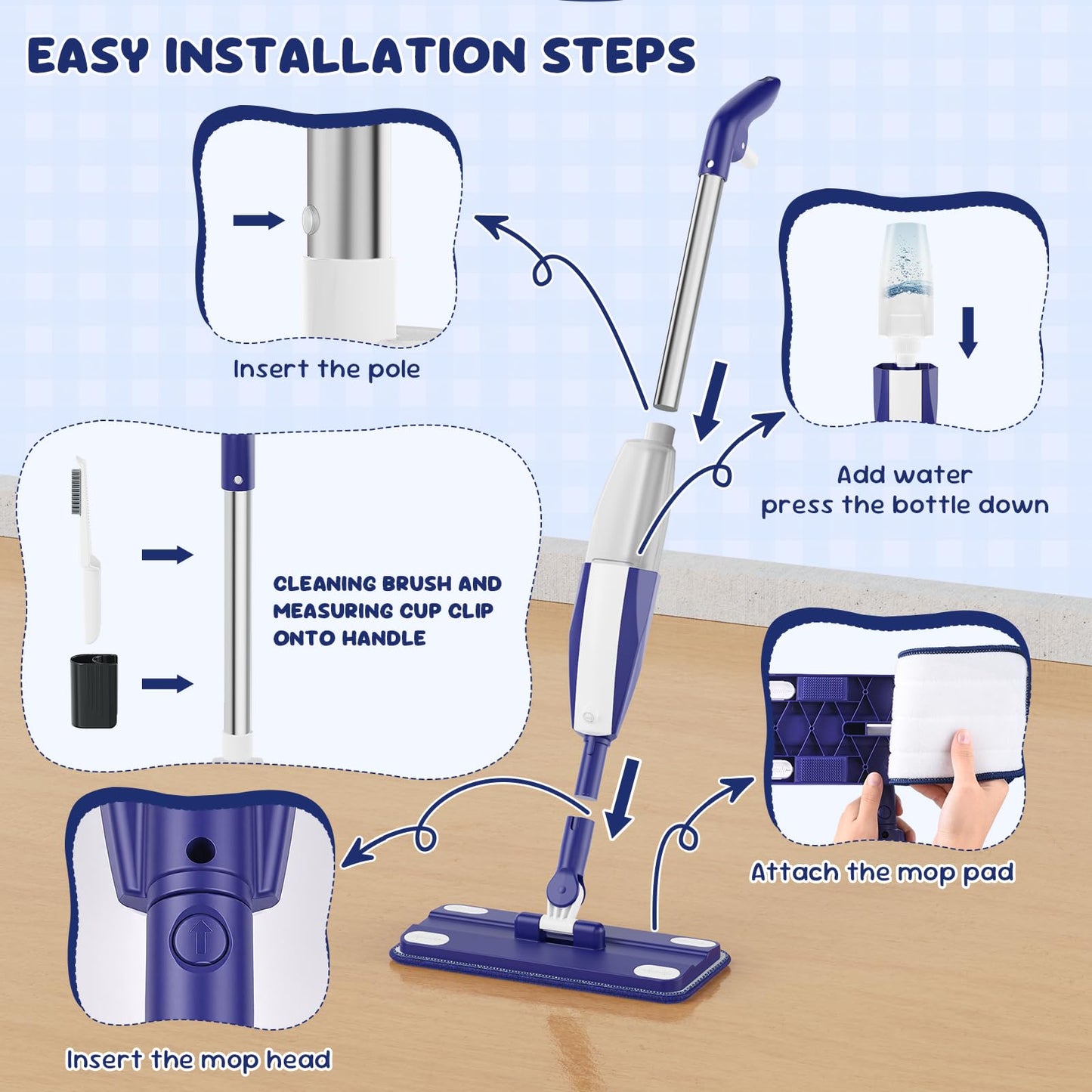 Kids Spray Mop - Chores Chart Set Montessori Cleaning Toy Set with Real Water Sprayer 2PCS Washable Pads and 10PCS Disposable Mop Pads for Ages 3-8 (Blue)