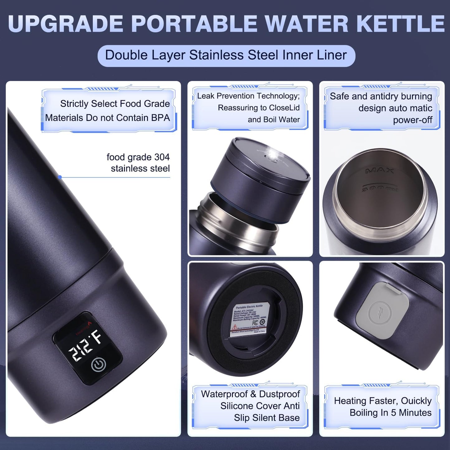 Vacuum-Insulated Portable Electric Kettle,Miicasa Stainless Steel Tumbler Small Electric Kettel,Travel Water Boiler with 6 Temperature and Auto Shut-Off Boil Dry,16oz