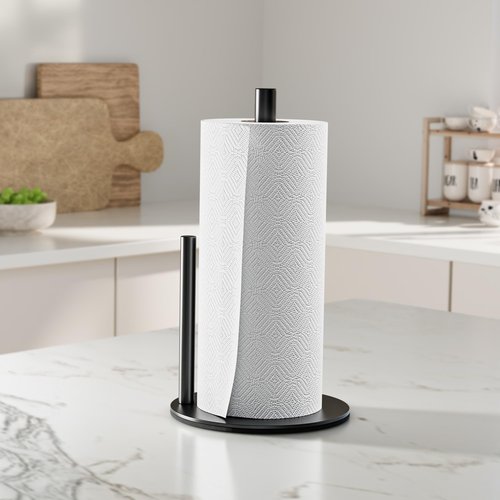 Chinpakden Black Paper Towel Holder Stand for Kitchen Countertop and Bathroom, Stainless Steel Kitchen Upright Paper Towel Holder for Large and Standard Rolls(Matte Black)