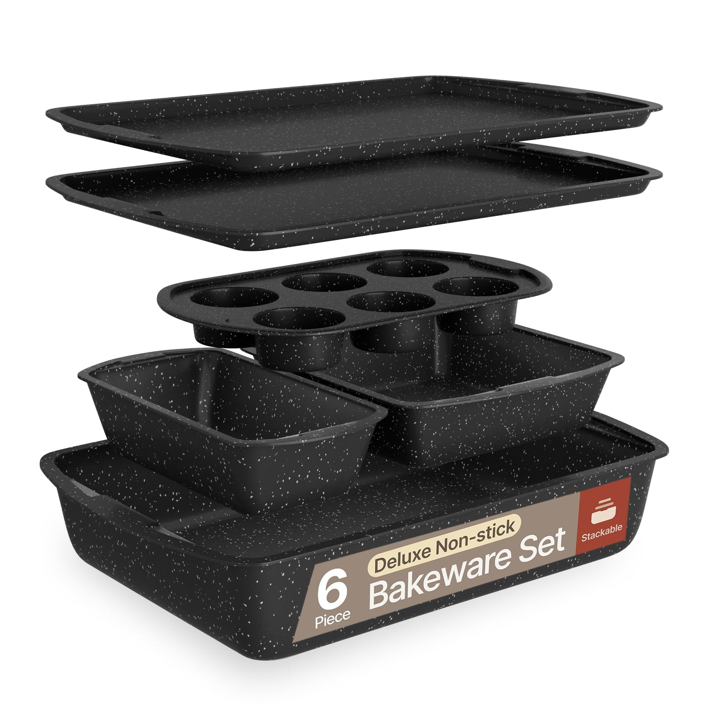 Bakken Swiss - Bakeware Set – 6 Piece – Stackable, Deluxe, Non-Stick Baking Pans for Professional and Home Cooking – Carbon Steel, Gray Stone Coating