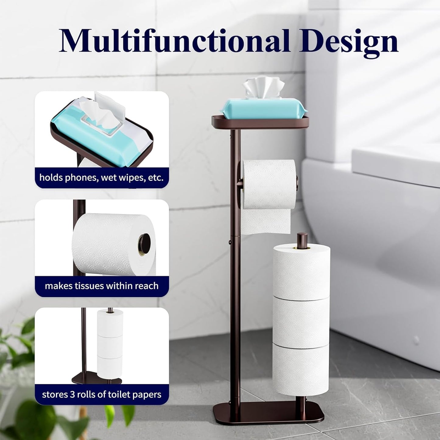Kitsure Toilet Paper Holder - Rustproof Free Standing Stand for 4 Rolls with Anti-Slip Base & Shelf | Medium Brown