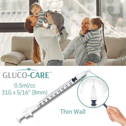 GLUCO-CARE 31G x 5/16’’ Syringes - 0.5 ml/cc, 100 Count for Precise Insulin Delivery