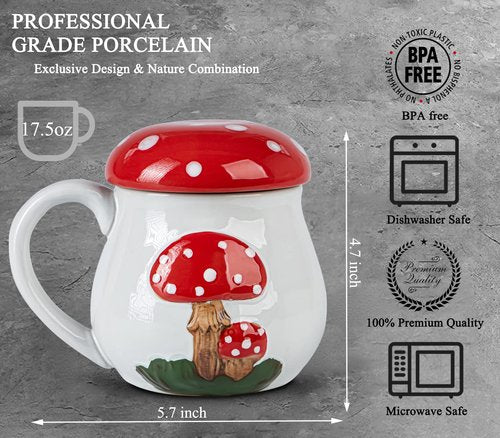 Cute Mushroom Mug With Lid - Big Ceramic Coffee & Tea Cup - Funny Gift for Women