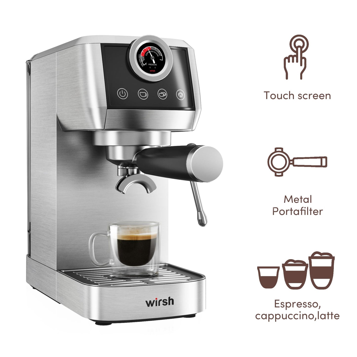 wirsh Espresso Machine, 20 Bar Semi-Automatic Espresso Maker with Pressure Gauge, Steam Wand, Stainless Steel Expresso Coffee Machine for Espresso/Latte/Cappuccino, Touch Screen,Home Barista Plus