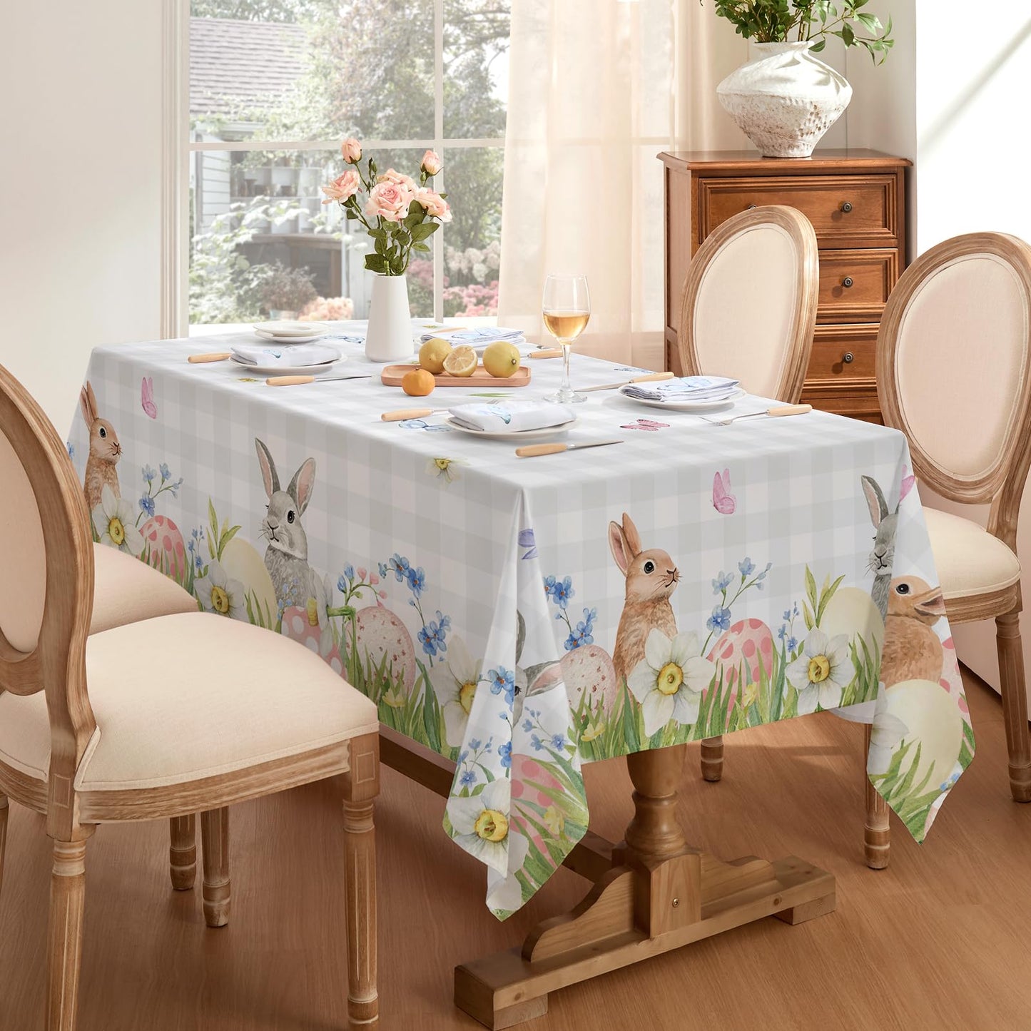 Softalker Spring Easter Tablecloth Rectangle - Bunny & Eggs Buffalo Plaid Flower Table Cloths, Stain Resistant Wrinkle Free Table Covers for Dinner/Party/Picnic/Outdoor, Grey Checkered 60 x 84 Inch