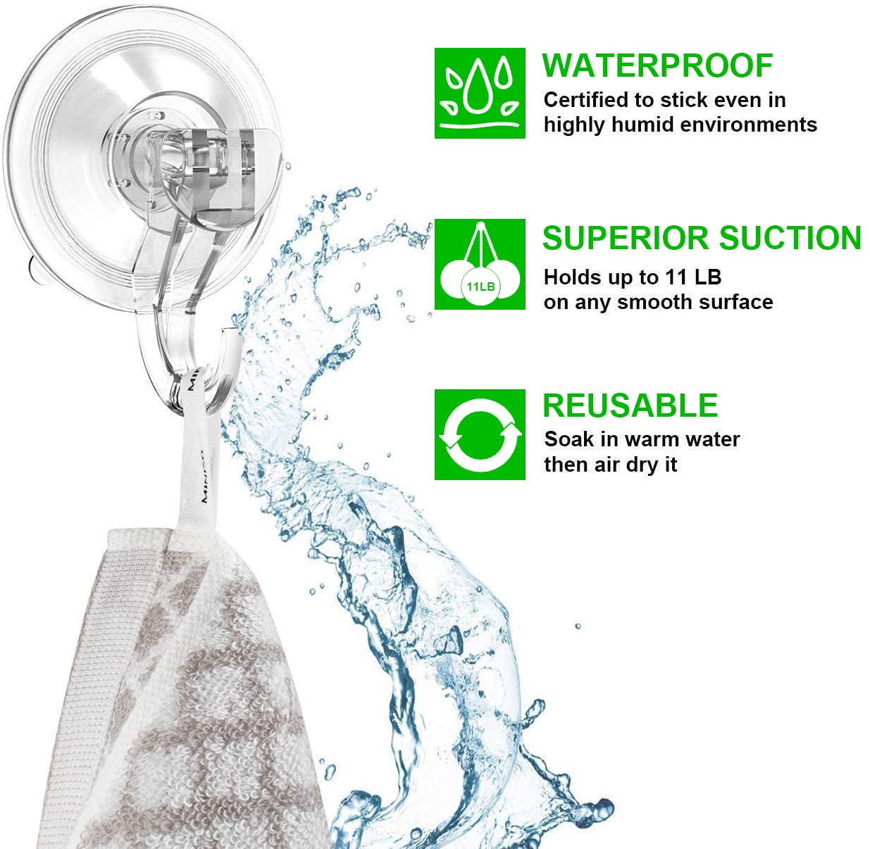 LUXEAR Suction Cup Hooks - 6 Pack Suction Hooks Reusable Powerful Waterproof - Clear Removable Suction Hanger for Shower,Tile,Bathroom,Towel,Kitchen,RV,Travel,Glass Door,Window