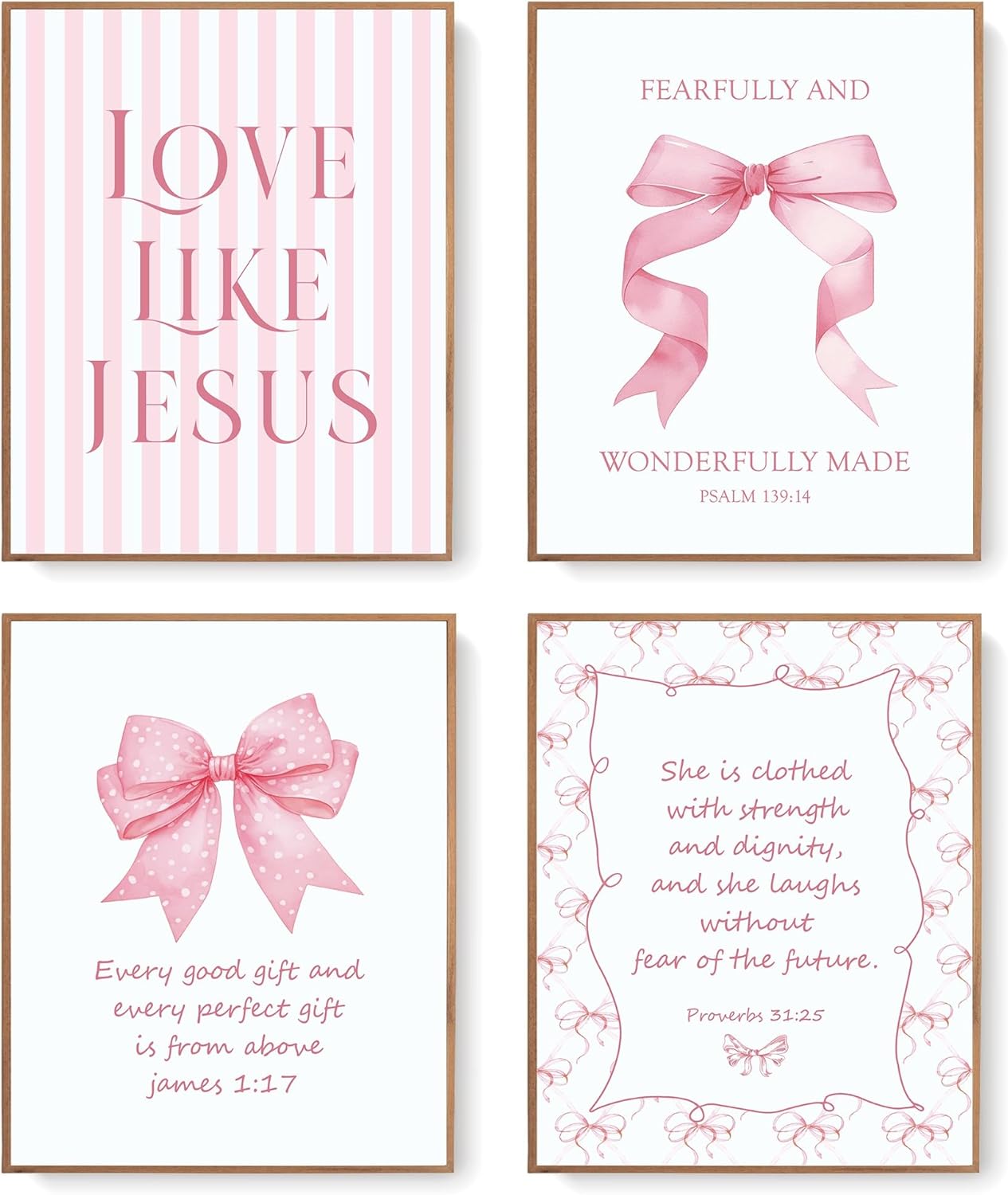 LARTSFRO Coquette Pink Bow Wall Art Decor - Inspirational Christian Posters for Bedroom | Set of 4 Unframed 10x8 Inch