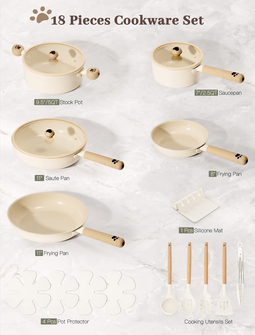 Astercook Pots and Pans Set Non Stick, Ceramic Cookware Set Non Toxic, 18 Pcs Dishwasher Safe Induction Cookware for Everyday Cooking & Kitchen Gifts