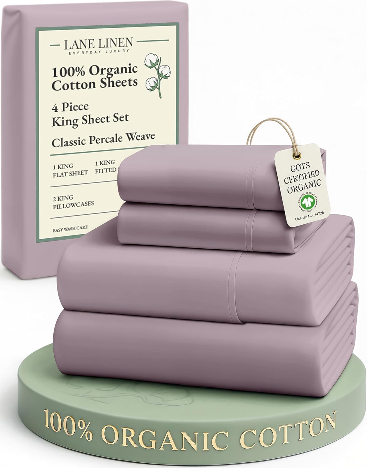LANE LINEN 100% Organic Cotton King Size Bed Sheets - Luxury Hotel Percale, Oeko-Tex Certified, Soft & Comfy, Available in Lilac
