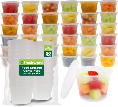 Freshware Food Storage Containers - 50 Set 16 oz BPA-Free Plastic Deli Containers | Leakproof & Stackable | Microwave/Dishwasher Safe
