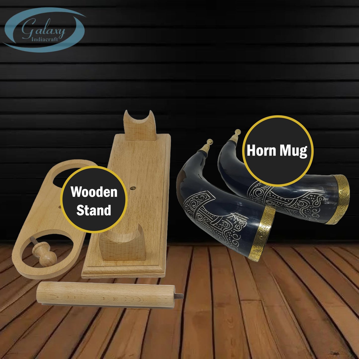 Galaxy Indiacraft Viking Drinking Handmade Natural OX Horn | Tankard | Mug | Cup for Ale, Beer, Mead, Wine | 12 to 15 Inch | 100% Leak Free | with Beautiful Wooden Stand (Set of 2)