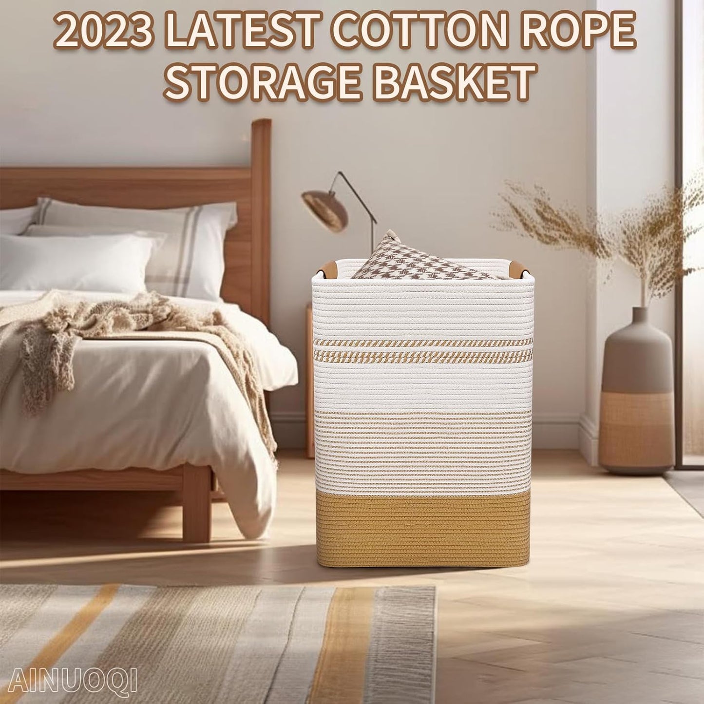 Skiennix Large Laundry Hamper - 85L Cotton Rope Woven Storage Bin with Leather Handles | Versatile for Blankets, Toys, and More