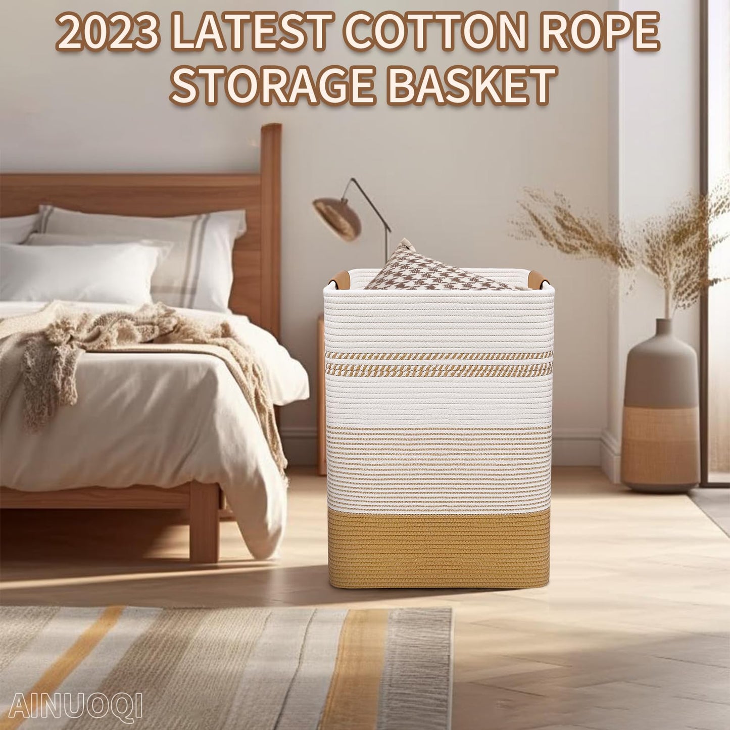 Large Laundry Hamper Basket, 85L Cotton Rope Woven Storage Bin for Blankets, Dirty Clothes Toys, Decorative Tall Basket with Leather Handles for Living Room, Bedroom, Bathroom, Nursery, Jute