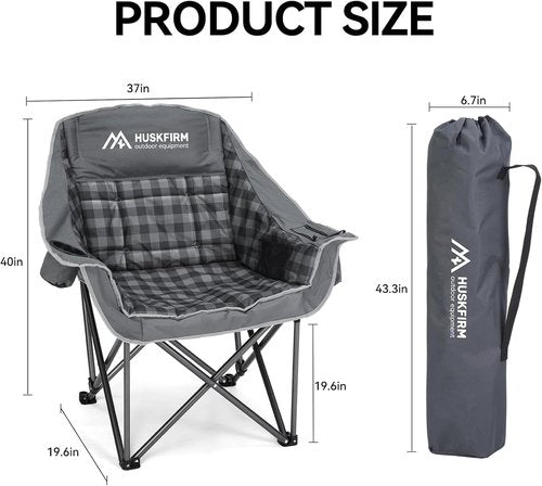 Huskfirm Oversized Camping Chair - Heavy-Duty Padded Design with Cup Holder & Cooler Bag | Supports 450lbs, Grey