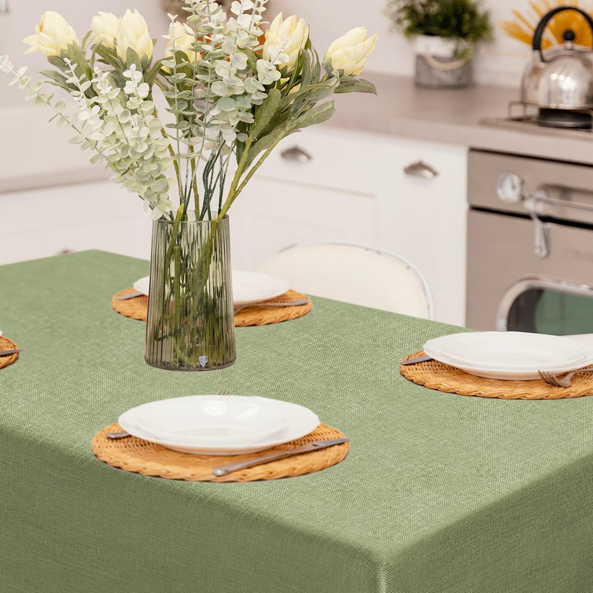 Linen Textured Rectangle Tablecloth, Waterproof & Stain Resistant Fabric Table Cloth, Wrinkle Free Linen Dining Decorative Farmhouse Table Cover for Dining/Buffet/Wedding, 52 x 70 Inch, Sage Green