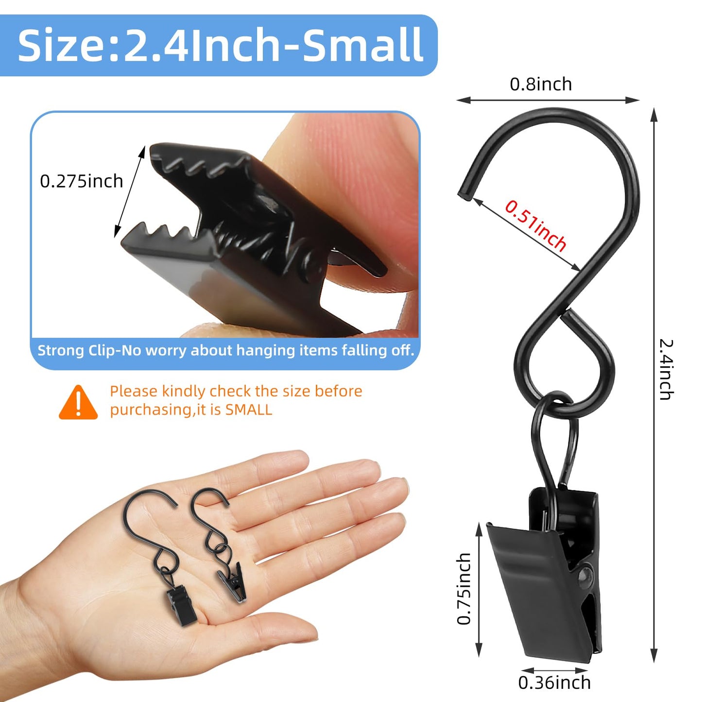 Manysky S Hooks with Clips, 45 Pack 304 Stainless Steel Hanging Curtain Clips with Hooks, Clips for Hanging Tapestries Party String Lights Christmas Decoration, Gutter Tent Camper, 2.4 Inch Black