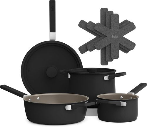 Bella 9-Piece Ceramic Nonstick Cookware Set - Dishwasher & Oven Safe, Stackable Design, Black