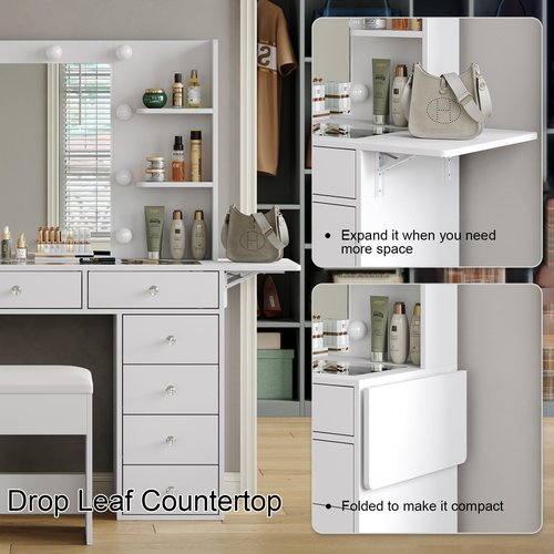 FUSOU Vanity Desk with Power Outlet, 11 Drawers Makeup Vanity with Lighted Mirror, 3 Colors Adjustable, Glass Top Vanity with Chair, 4 Shelves and Fold-up Panel, Dressing Table for Bedroom, White