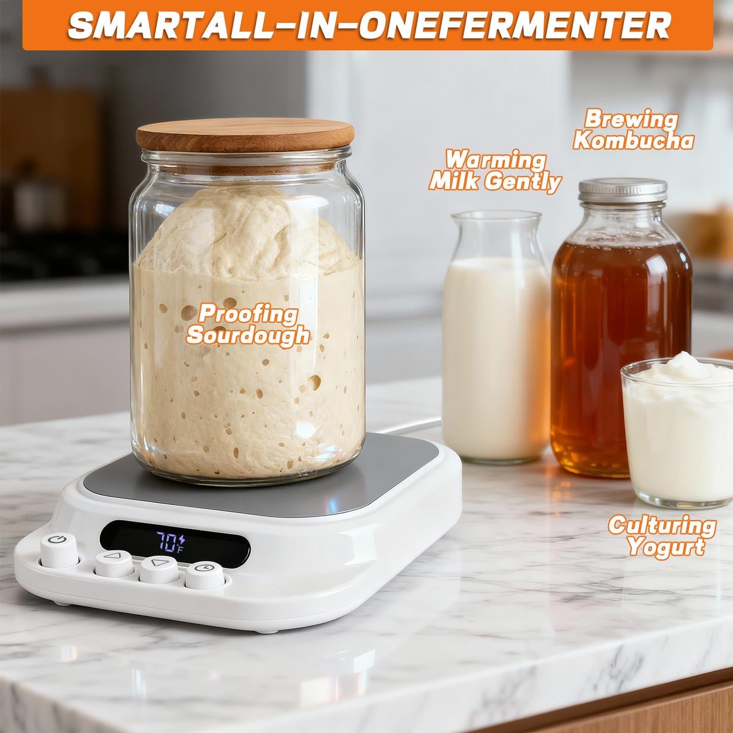 Sourdough Starter Warmer- 70-130°F Adjustable Temp, 1°F Precise Control & 24H Timer - Compatible with Any Shape of Cup Bottom -Ideal Sourdough Proofing Tool for Bakers (White)