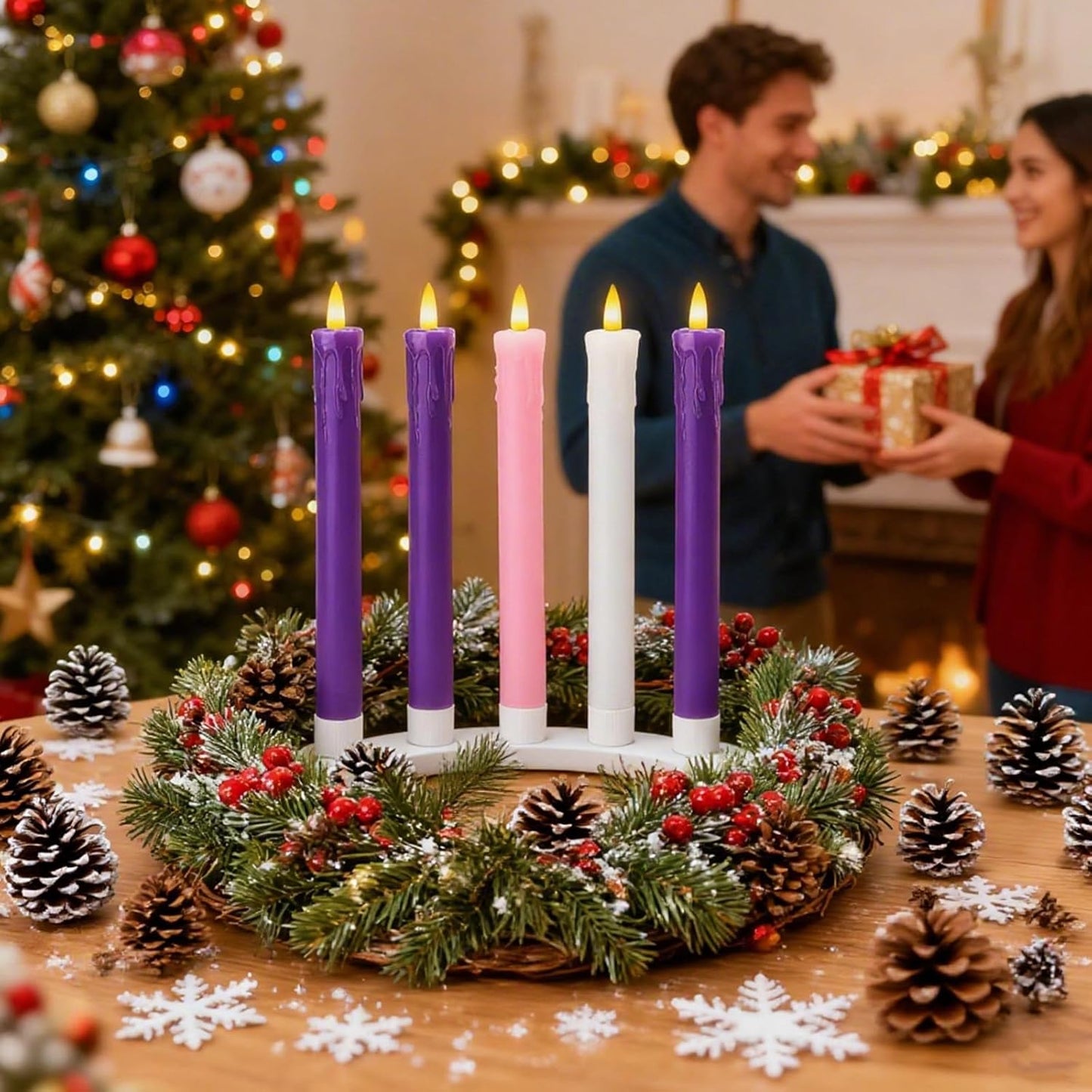 Lezonic Flameless Advent Candles - Battery Operated LED Taper Set of 5 | 3 Purple, 1 Pink, 1 White for Christmas Decor