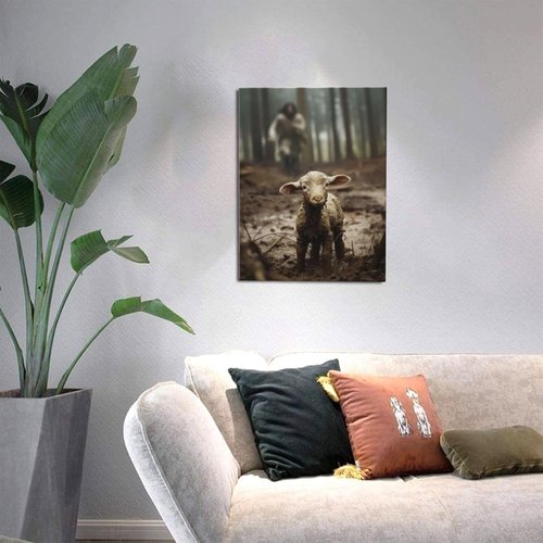 FOSMXA Jesus And Lamb Canvas Wall Art - Inspirational Christian Decor For Bedroom | 12x16 Inch