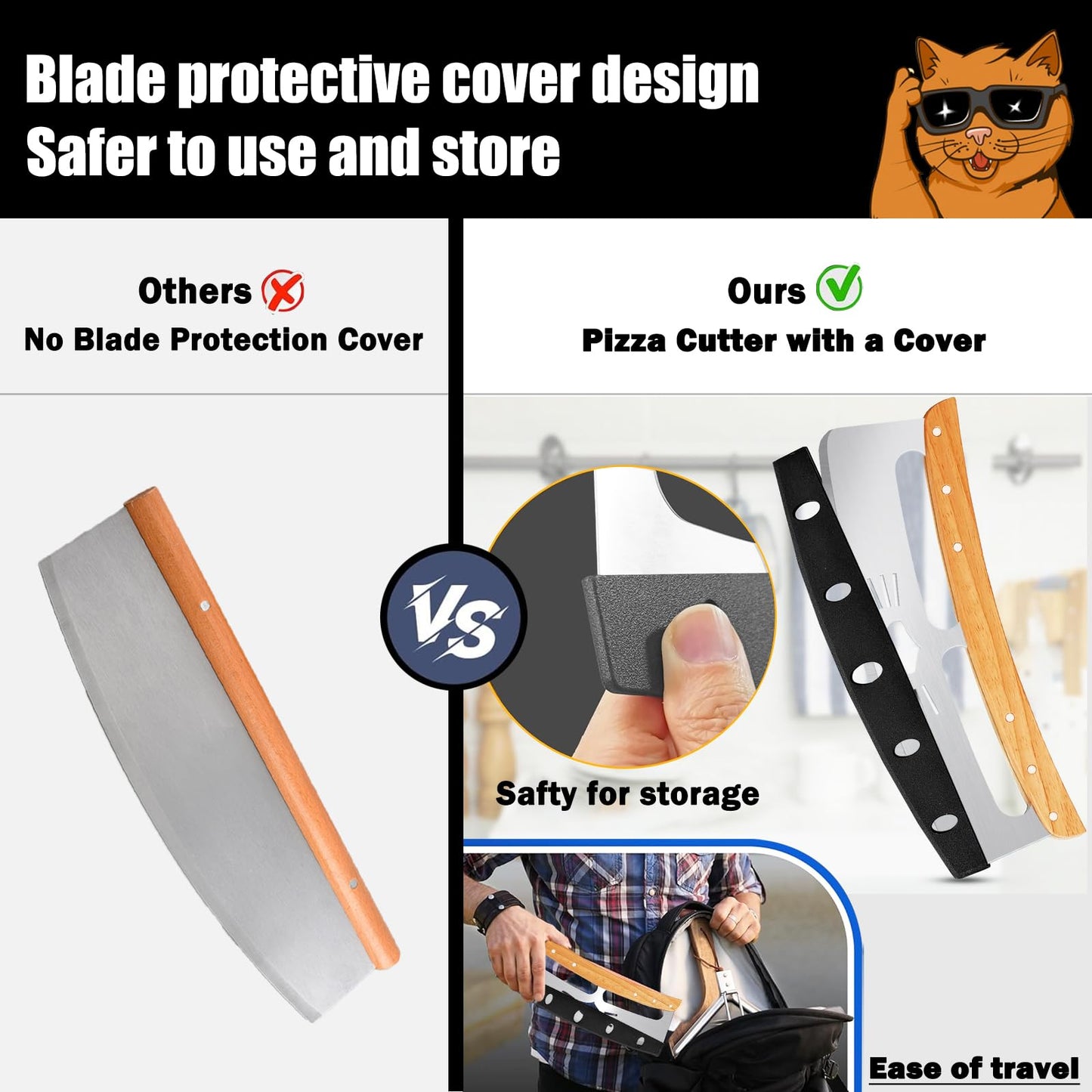 Pizza Cutter Rocker: 14-Inch,Funny Pizza Slicer Consists of Stainless Steel and Wooden Handle,Pizza Cutter with Protective Blade Guard - Pizza Oven Accessories Gifts for Men Dad.