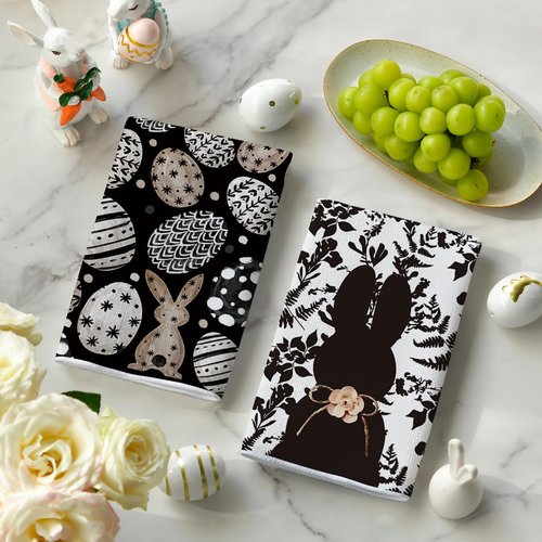 Artoid Mode Black Bunny Eggs Flower Easter Kitchen Towels Dish Towels, 18x26 Inch Spring Farmhouse Leaves Decoration Hand Towels Set of 2