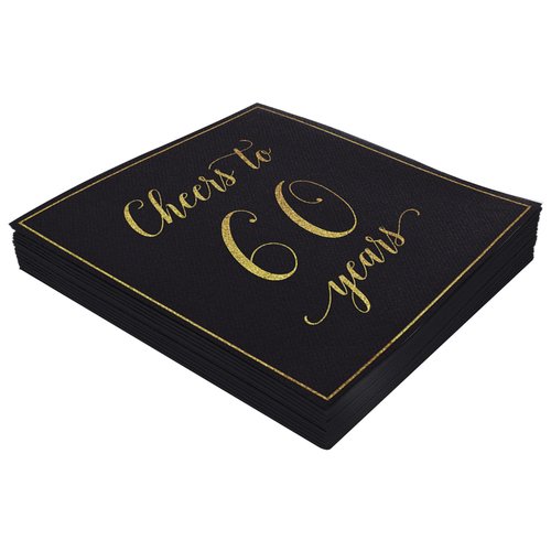 Heyiminy 20 Pack Cheers to 60 Years Napkins, Black and Gold 60th Birthday Napkins, 13 * 13 Inch Disposable Paper Cocktail Dinner Napkins for Birthday Wedding Anniversary Party Decorations (60 Years)