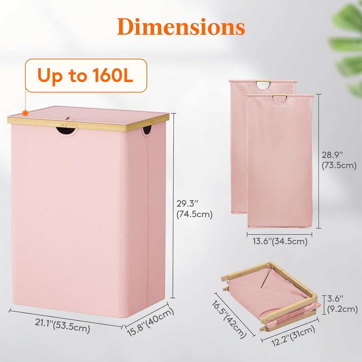 Lifewit 160L Double Laundry Hamper - Extra Large Bamboo Basket with Lid & Removable Liners | Pink