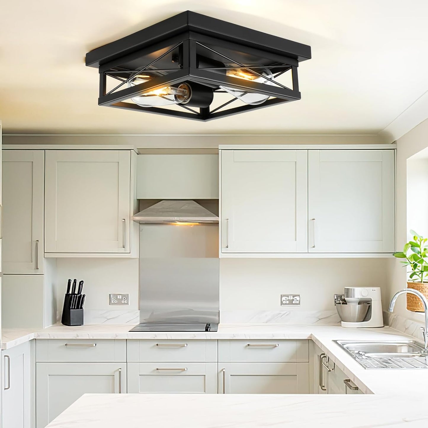 Farmhouse Flush Mount Ceiling Light Oak White Ceiling Light Fixtures 2-Light Industrial Vintage Metal-Framed Ceiling Lighting for Hallway Foyer Kitchen Dining Room Bedroom Living Room Laundry