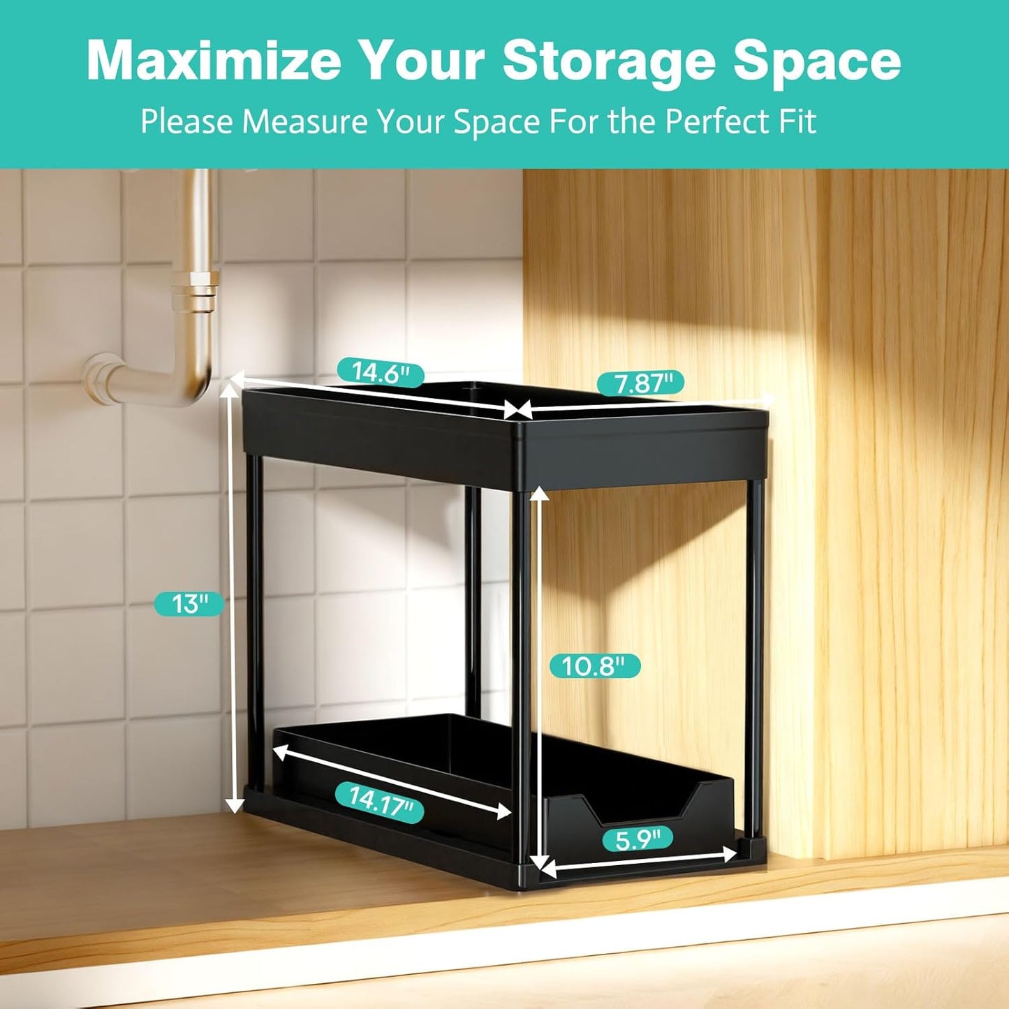 Under Sink Organizers by [Brand Name] - 2-Pack Pull-Out Sliding Cabinet Storage with 2-Tier Shelf & 4 Hooks | Multi-Purpose for Kitchen & Bathroom (13 Inch, Black)