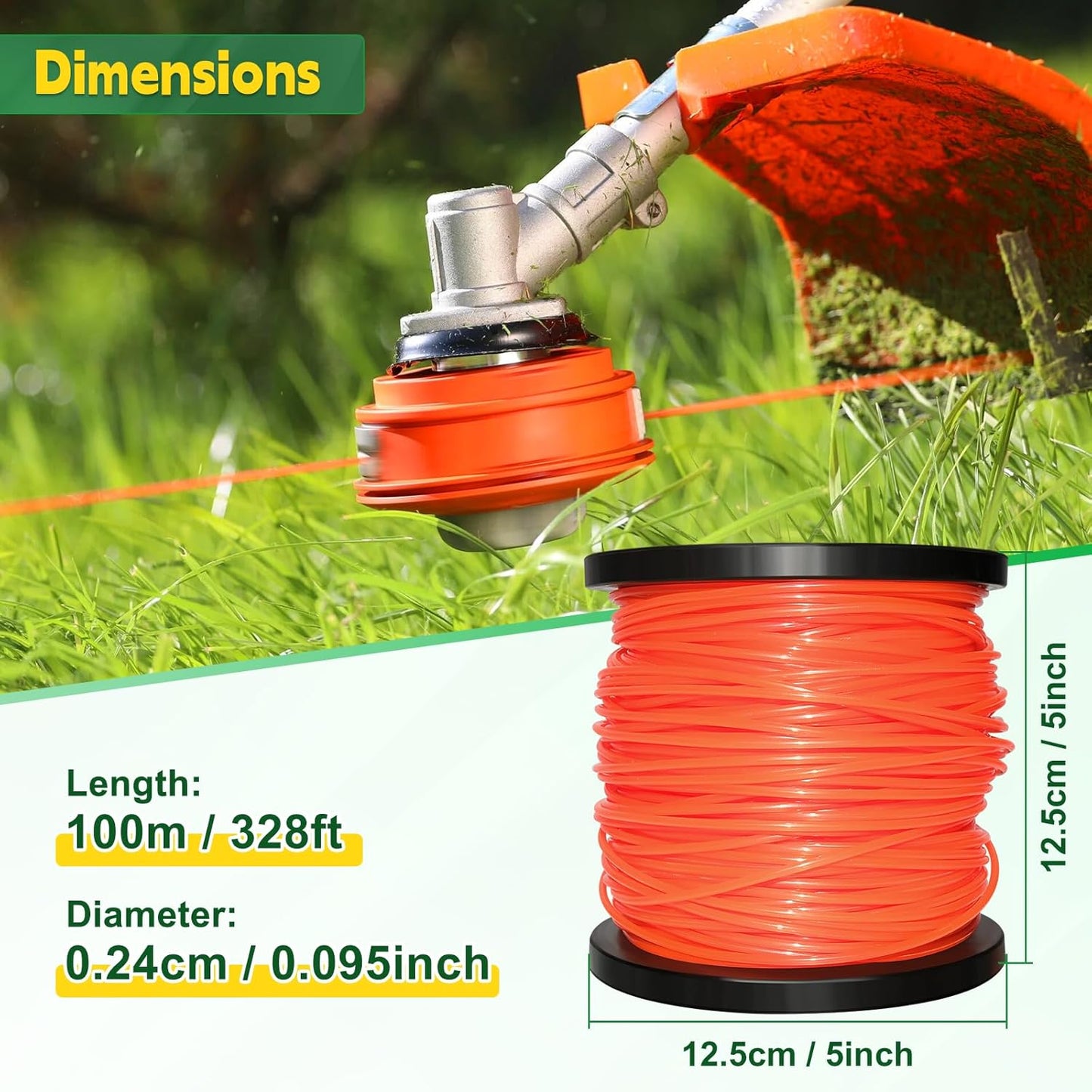 UCINNOVATE String Trimmer Line - Heavy Duty 0.095" Nylon Weed Eater String, 100m Orange Spool