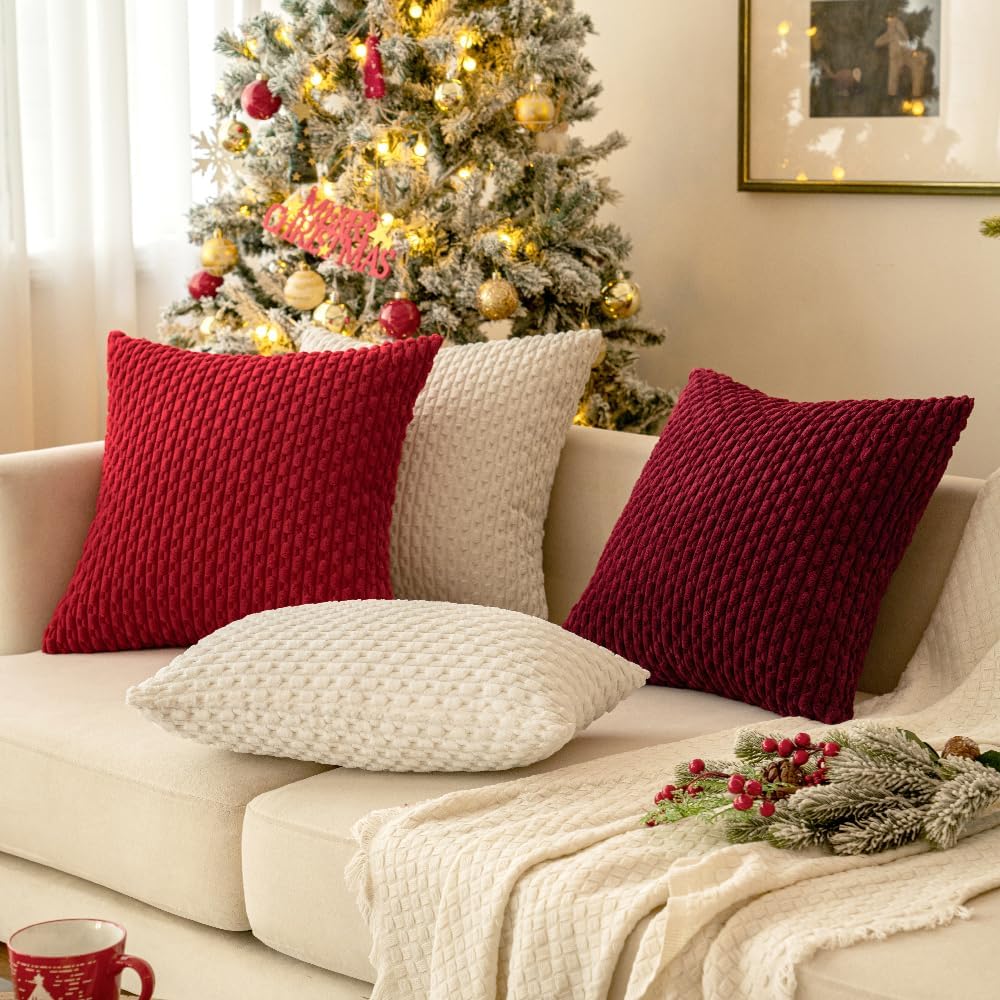MIULEE Decorative Throw Pillow Covers - Soft Boho Striped Corduroy | 18x18 Inch Cream White Set of 2