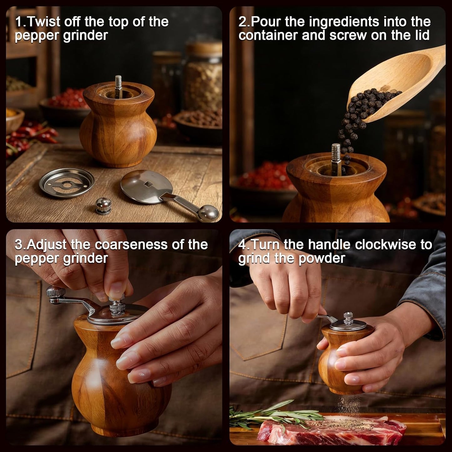 Skiennix Pepper Grinder - Refillable Spice Mill with Adjustable Coarseness | Manual Design with Handle