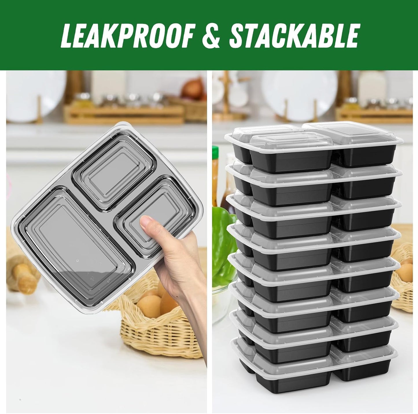Skiennix 32 oz Meal Prep Containers - 50 Pack Reusable 3-Compartment Leakproof | Microwave & Dishwasher Safe, Black