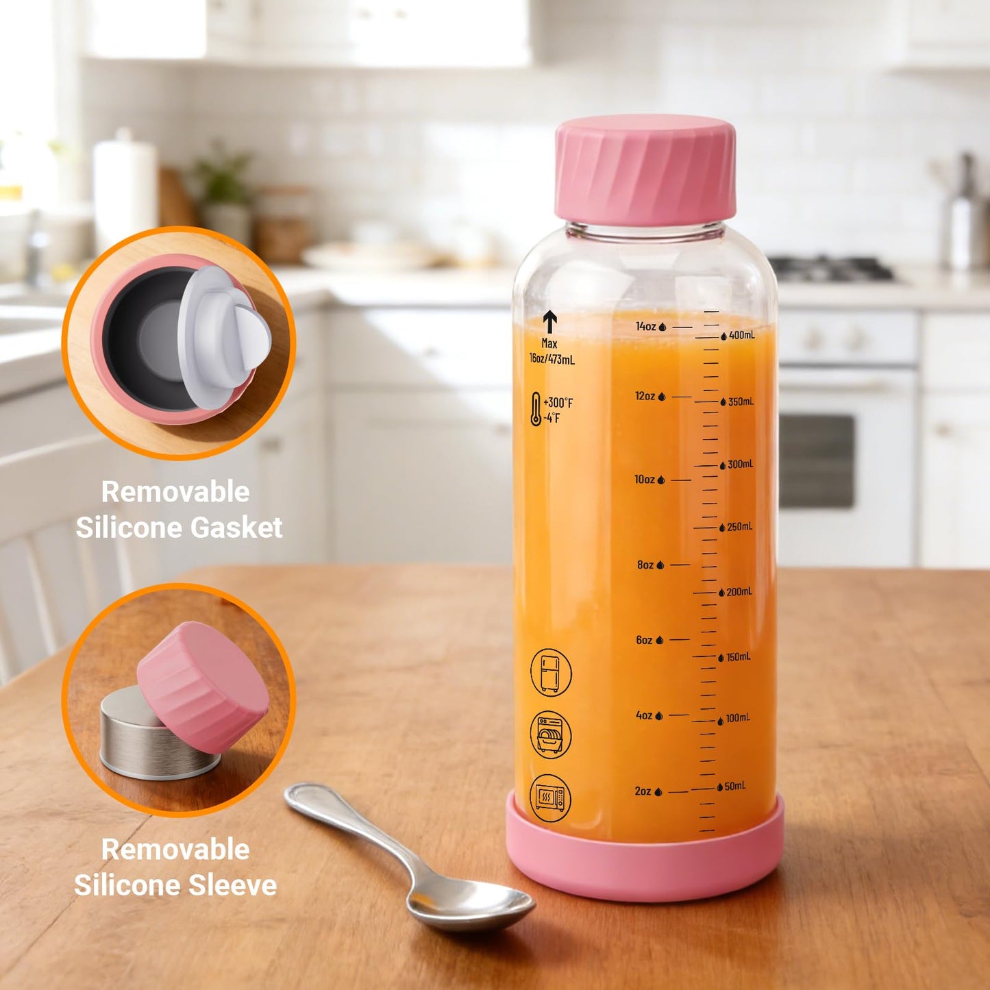 Luxfuel Glass Juice Bottles with Lids 16oz, 4 Pack – Borosilicate Glass Bottles for Juicing, Smoothies, Water & Beverage Storage, Stainless Steel Lids, Reusable, Leakproof, Heat-Resistant, BPA-Free