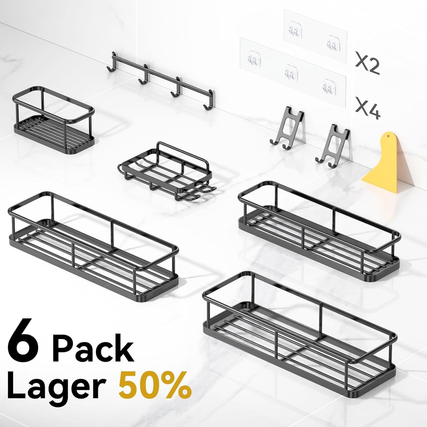 YASONIC Shower Caddy | Rustproof Adhesive Shelves for No-Drill Bathroom Organization | 6 Pack XXL Size