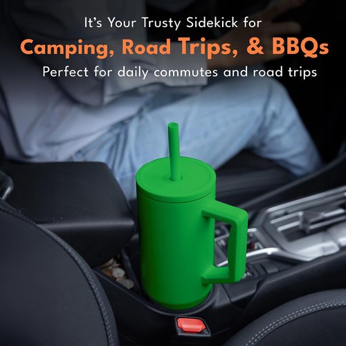 Elemental 40 oz Tumbler with Handle and Straw - Spill Proof Insulated Stainless Steel Commuter for Cold Beverages - Travel Coffee Mug with 2 Straws & Spill Proof Lid - 40oz - Green