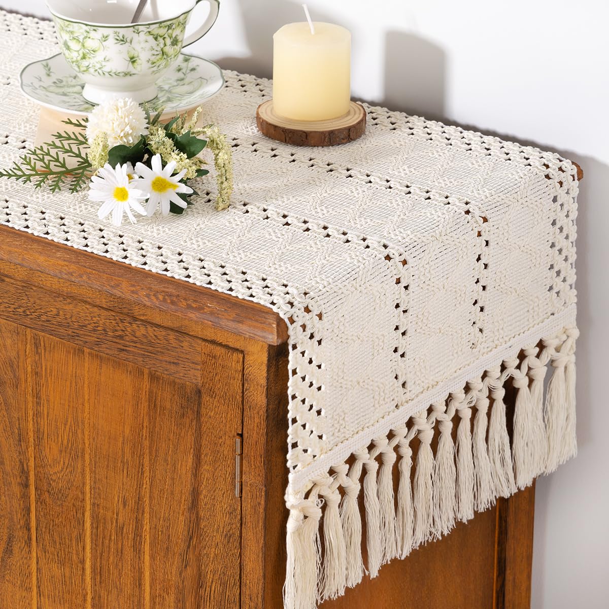 Socomi Boho Table Runner Macrame Long Summer Farmhouse Woven Cotton Linen Rustic Coffee Table Runner with Tassels for Dresser Scarf Home Decor Dining Room 12x108 inch Cream Ivory