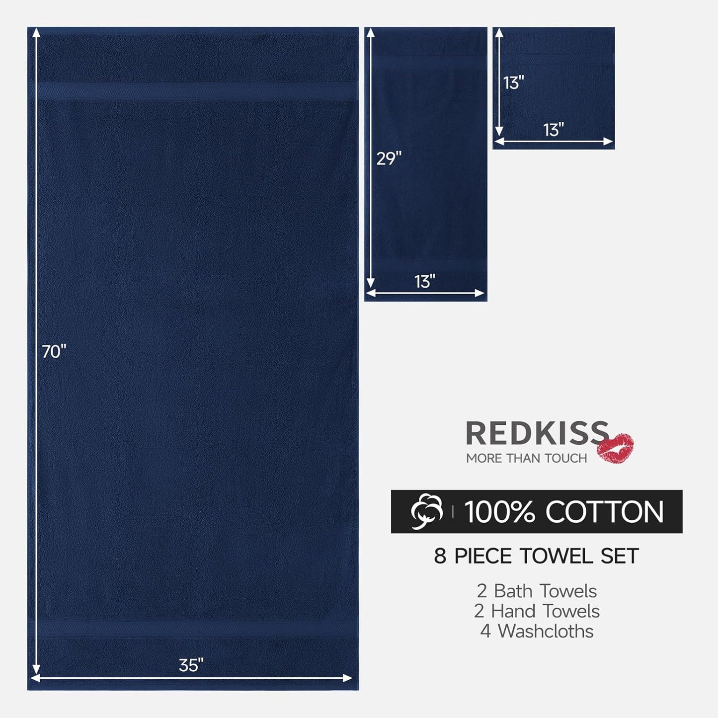 REDKISS Luxury Bath Towel Set - 8 Pieces, 100% Cotton, Super Absorbent & Quick-Dry - Blue