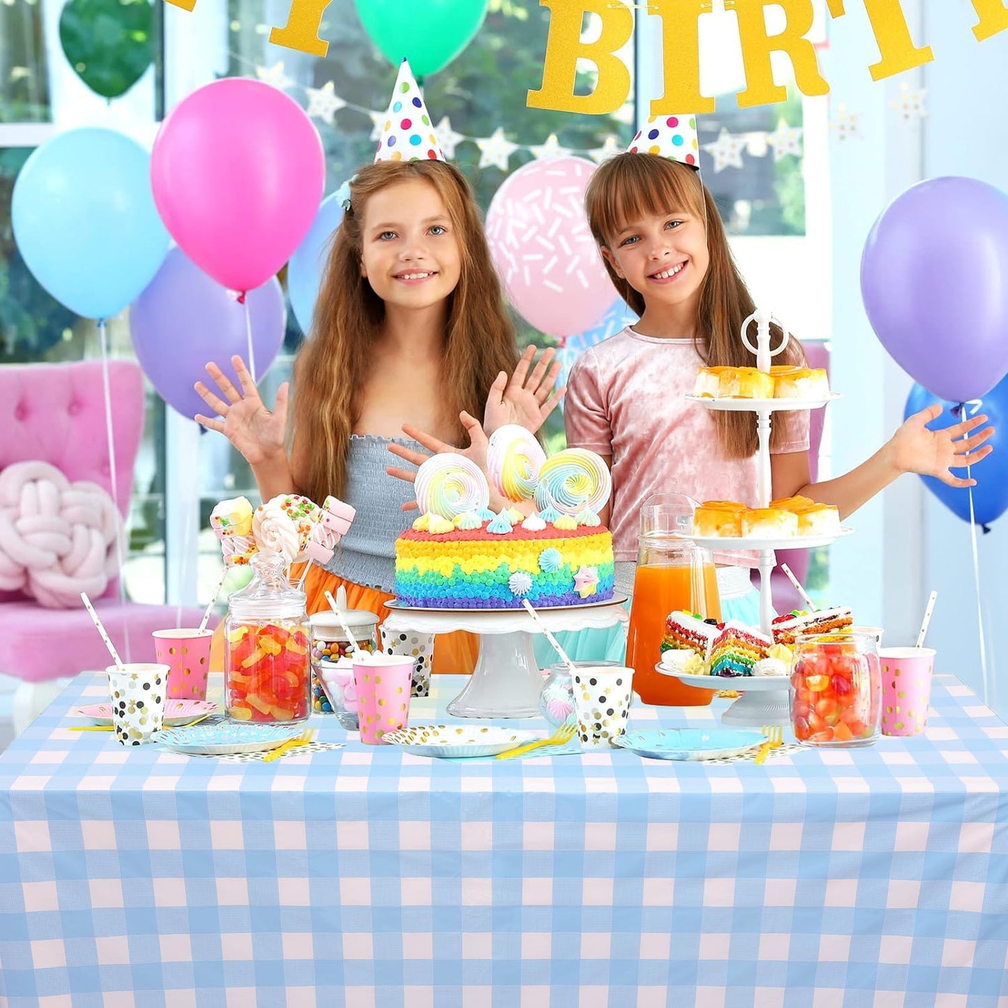 Kesfey 9 Packs Light Blue Gingham Tablecloth Pale Blue and White Checkered Tablecloths 54 x 108 Inches Disposable Plastic Gingham Tablecovers Waterproof Rectangle Picnic Table Cover for Birthday Party