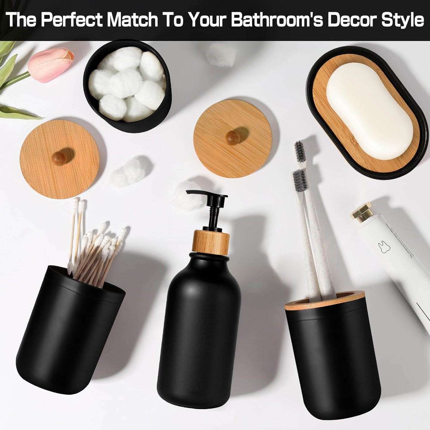 Matte Black Bathroom Accessories Set by [Brand Name] - 5-Piece Plastic Set with Soap Dispenser, Toothbrush Holder & More