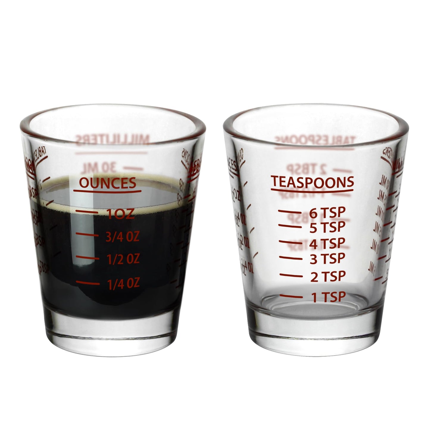 Versatile Heavy-Duty Glass Measuring Shot Glasses - Easy Read for Cooking, Espresso, and Medicine, 1 Ounce, 6 Teaspoons, 2 Tablespoons, 30Milliliters, Dishwasher Safe, 2-Pack