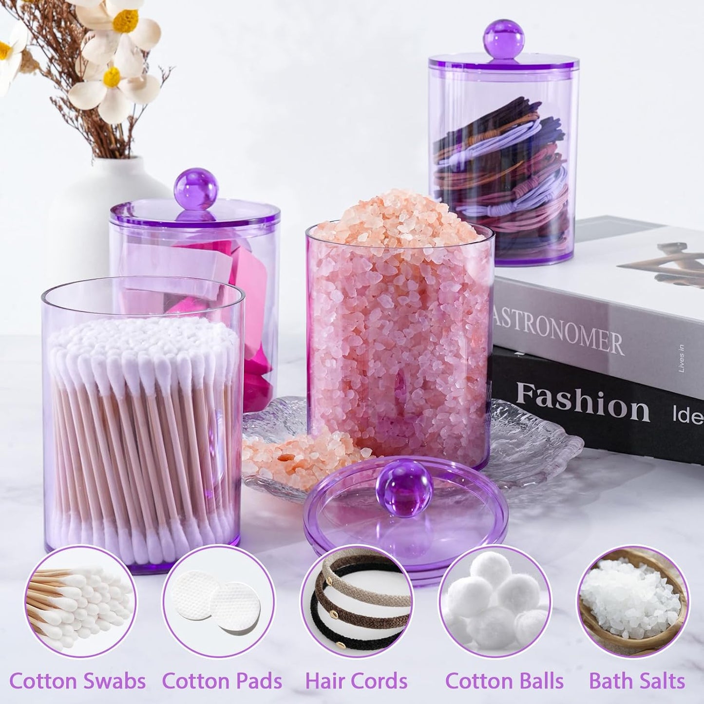 XIPENGKEJI Qtip Holder Set - 2 Pack Apothecary Jars with Lids for Cotton Swabs & Pads | 10oz-12oz Purple