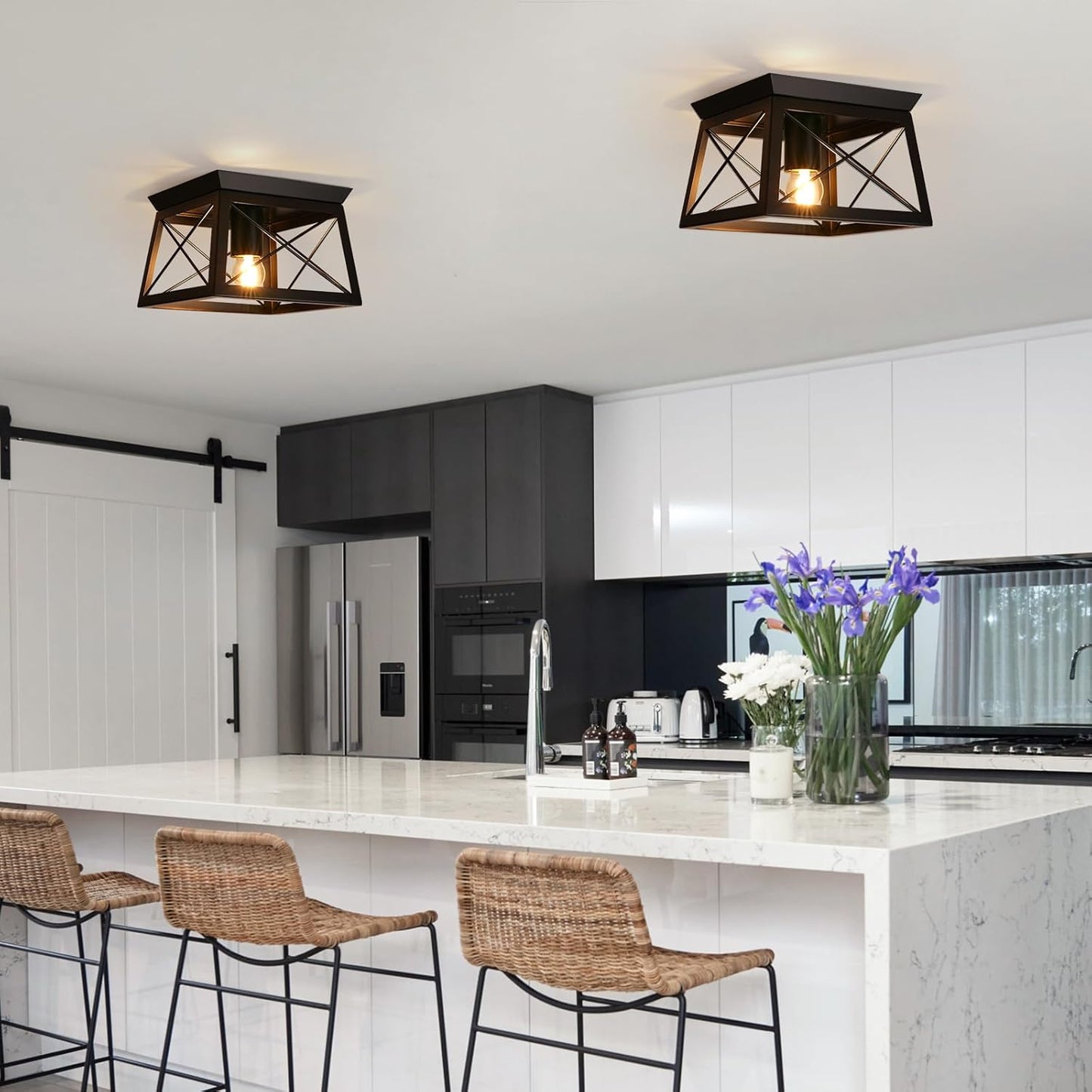 Farmhouse Flush Mount Ceiling Light Oak White Ceiling Light Fixtures 2-Light Industrial Vintage Metal-Framed Ceiling Lighting for Hallway Foyer Kitchen Dining Room Bedroom Living Room Laundry