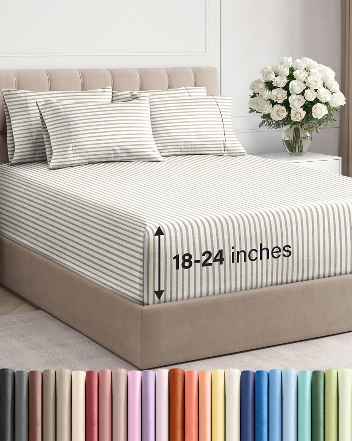Skiennix Extra Deep King Sheet Set - 6 Piece Breathable Cooling Bedding - Soft Wrinkle-Free Beige Stripes