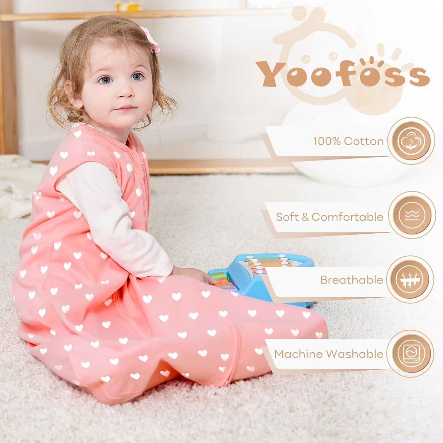 Yoofoss Baby Sleep Sack - 100% Organic Cotton Wearable Blanket | 2-Way Zipper, 0.5 TOG, 3 Pack, Large