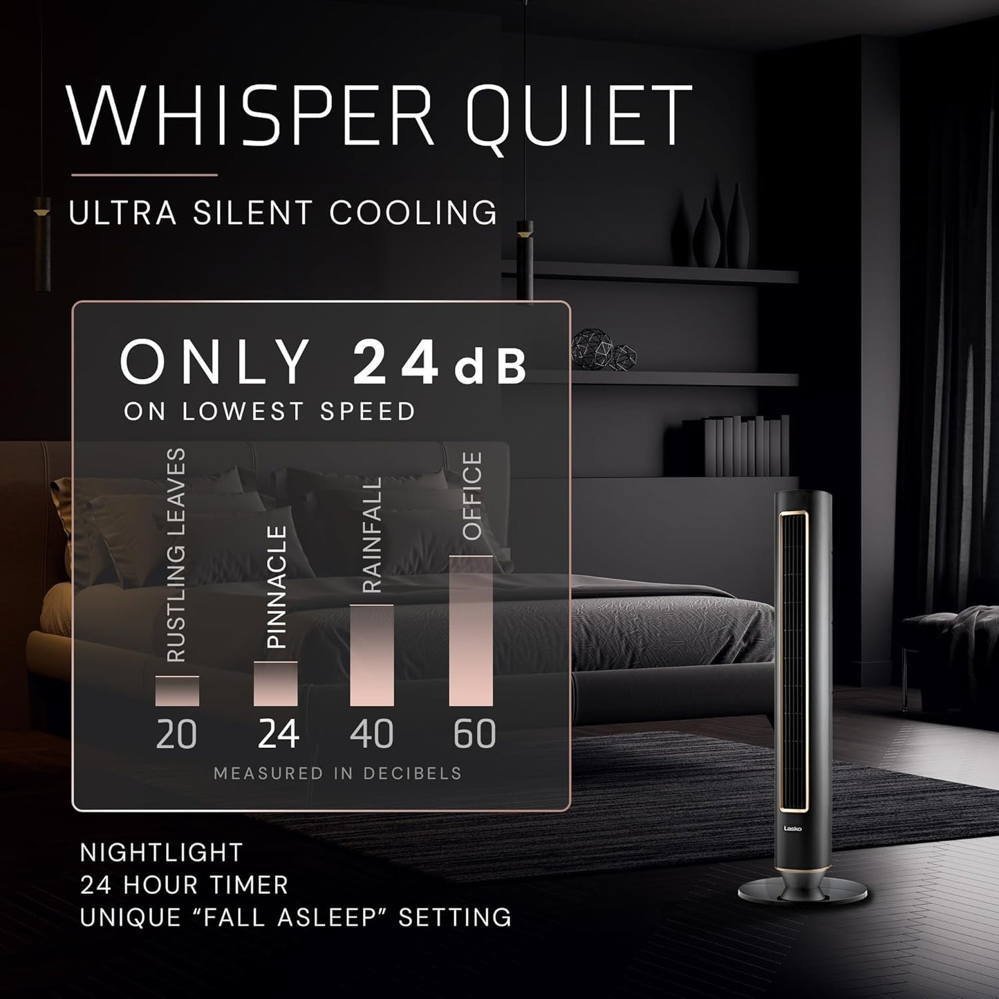 Lasko Pinnacle 40” Tower Fan - Quiet 24dB Operation, 90° Oscillation, 24-Hour Timer, Remote Control