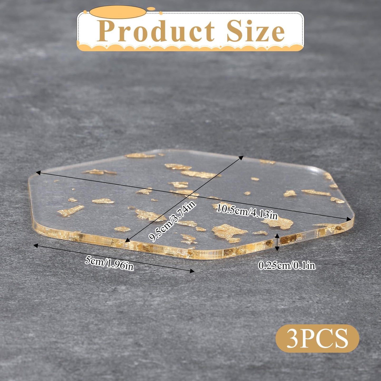 3 Pcs Acrylic Coaster for Desk Gold Foil Modern Drink Coasters for Coffee Table Non-Slip Transparent Waterproof Cup Mats for Table Countertop Desk Cold Hot Drink Home Decor (Hexagon)