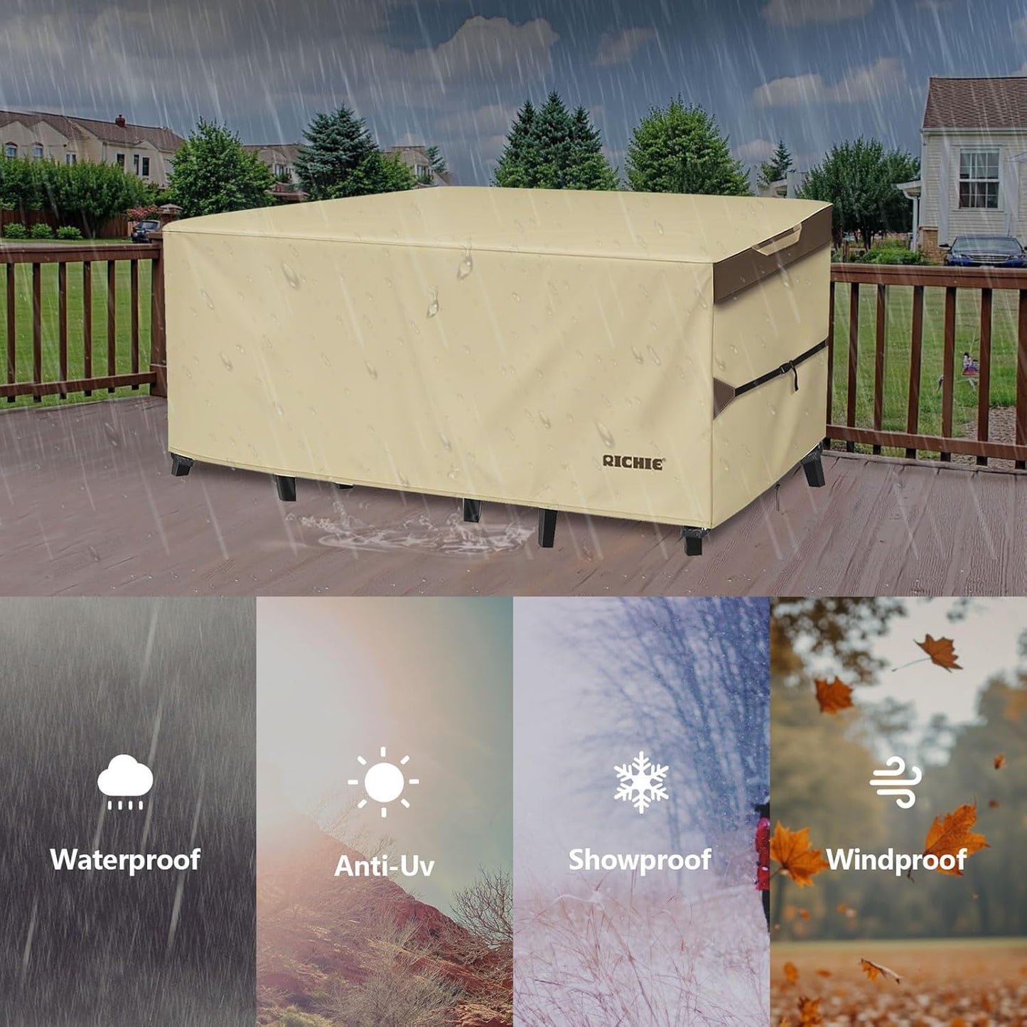 RICHIE Outdoor Patio Furniture Cover - Heavy-Duty Waterproof 600D Canvas Protector | Square Table & Chair Cover (106L x 106W x 28H Inch)